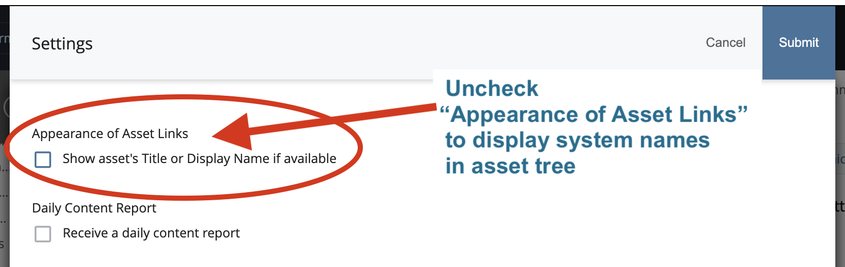 Appearance of Asset Links User Setting