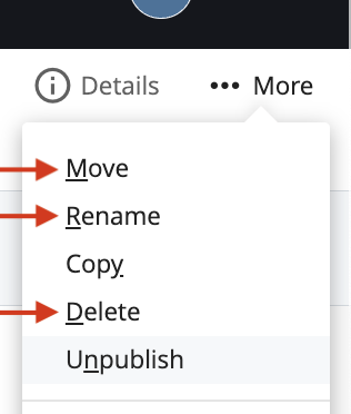 More menu highlighting the 3 Un-Publish triggers: Move, Rename, Delete 